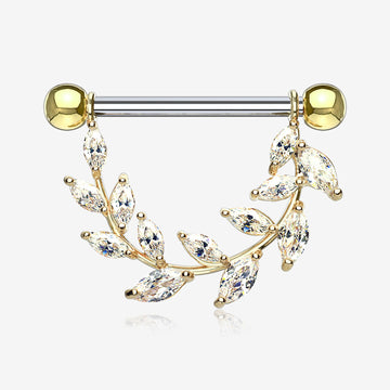 A Pair of Golden Marquise Sparkle Allure Leaves Dangle Nipple Shield-Clear Gem